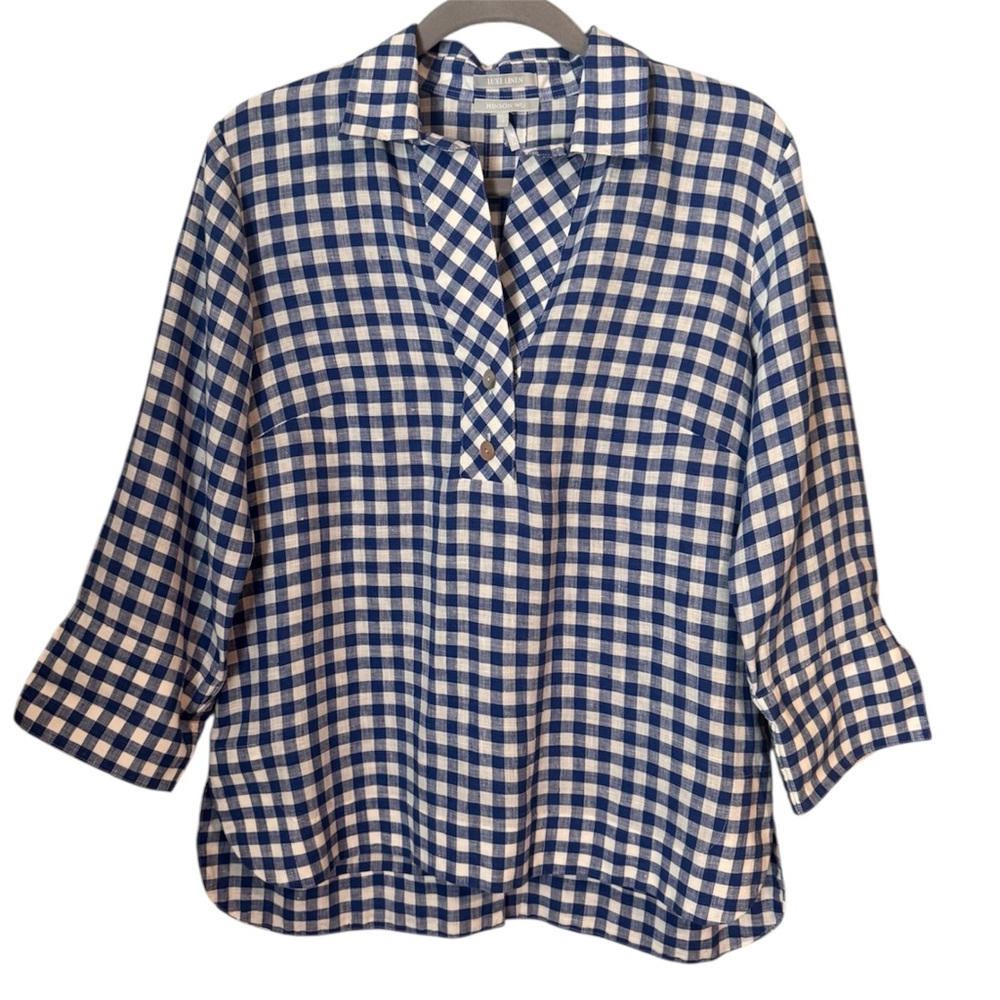 Hinson Wu Luxe Linen Gingham Plaid Aiden Blouse Top Beachy Old Money Classic